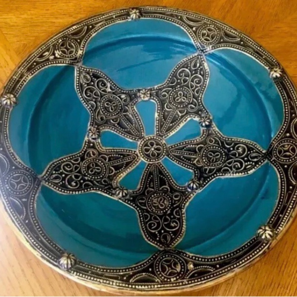 Large, Moroccan Hand-Made, Ceramic Plate/Bowl w/ Metal Filigree. 13” Diam. Teal.